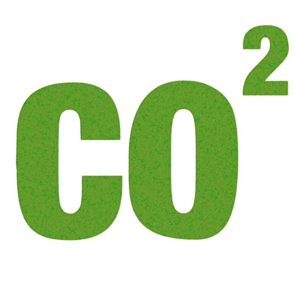 Białe certyfikaty - redukcja emisji CO2. Obrazek przedstawia napis CO2, na którym rośnie zielona trawa symbolizująca redukcję emisji dwutlenku węgla.