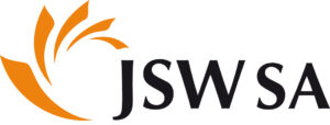 Pomarańczowe logo Jastrzębskiej Spółki Węglowej JSW S.A. jako klienta u którego REDNT realizowało kompensację mocy biernej. NA logo znajduje się po lewej stronie ikona ramienia kombajnu wydobywczego, a po prawej skrót JSW SA