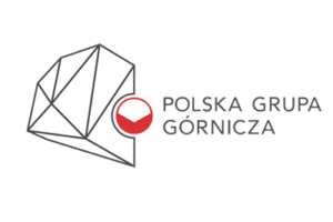 Logo kopalń Polskiej Grupy Górniczej PGG. Po lewej znajduje się bryła węgla kamiennego narysowana konturami, a po prawej napis Polska Grupa Górnicza