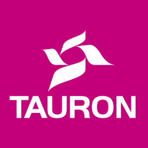 Logo firmy Tauron Wydobycie. Fioletowy kwadrat, a w nim biała ikona z 4 listków oraz biały napis TAURON